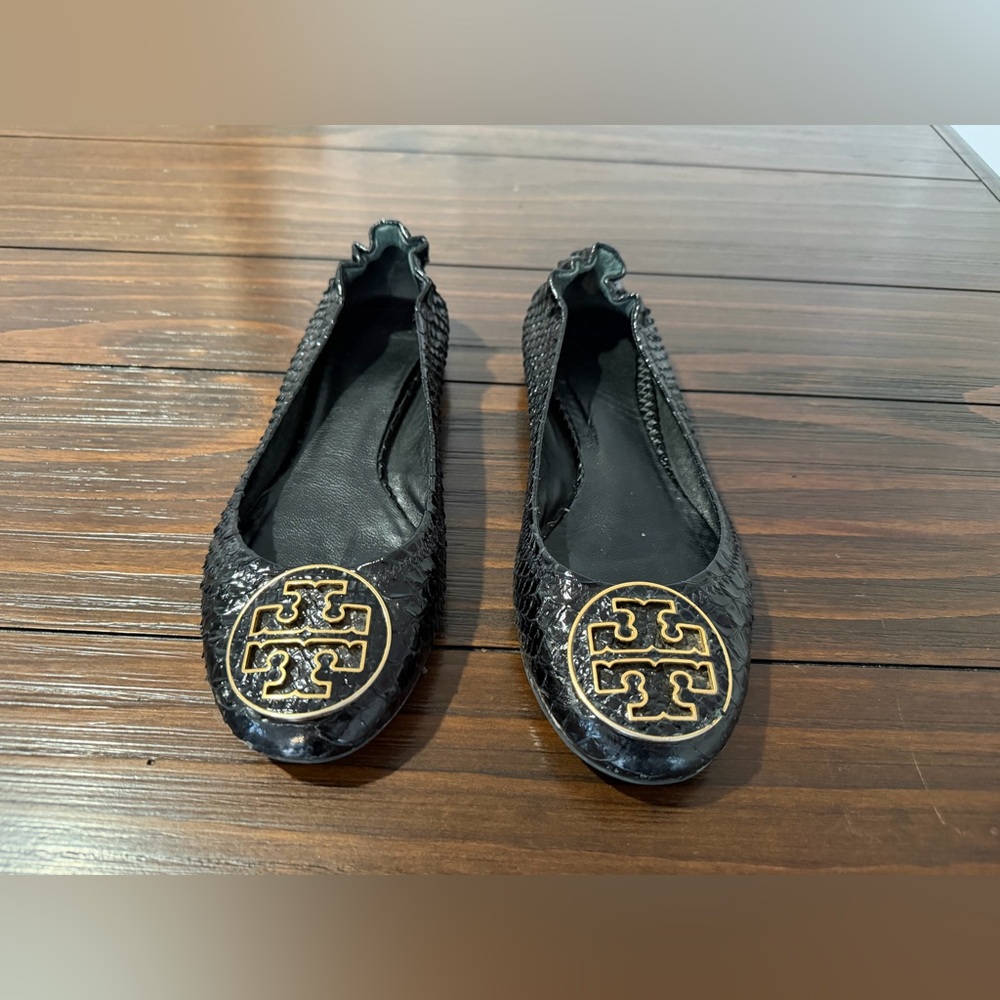 Tory Burch Black Python Embossed Leather Reva Bal… - image 2